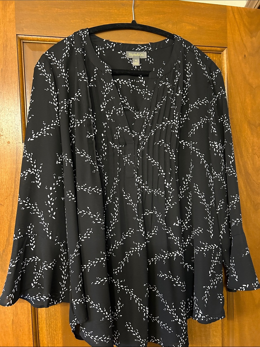 Style & Co. Black Blouse with White Dot Vine Print